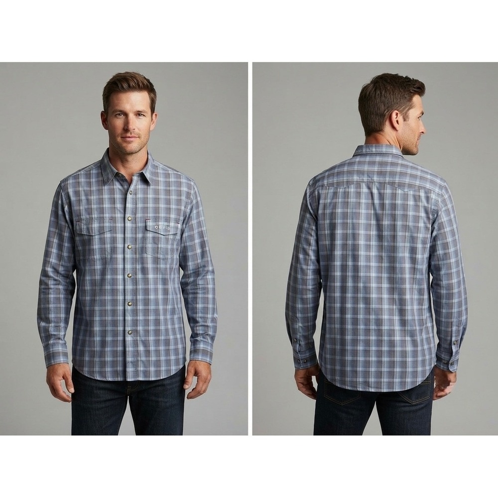 Orvis Trout Bum Mens Medium Plaid Long‎ Sleeve Button Down Shirt Gray Blue Snap